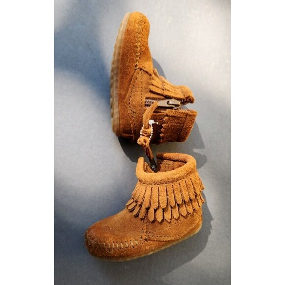 MINNETONKA Toddler Size 3 Kids Double Fringe Zip Suede Ankle Boot Brown 1292 - Picture 3 of 16